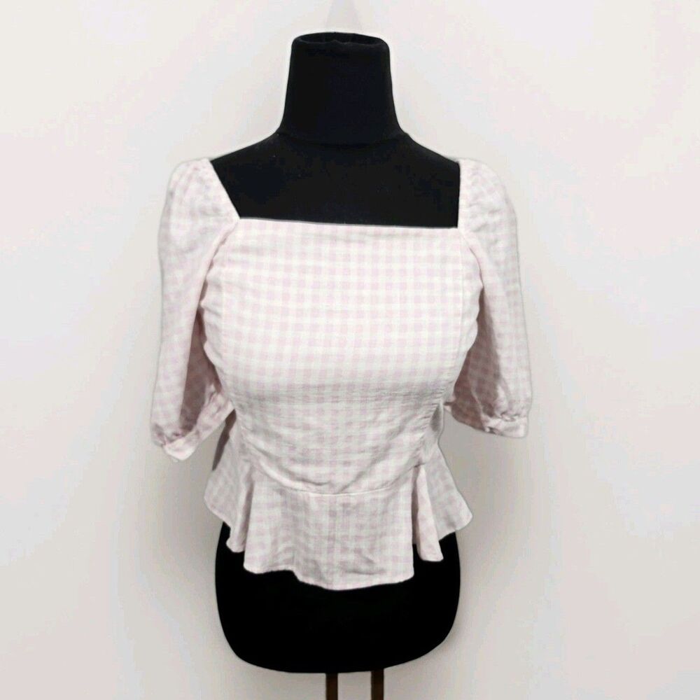 Draper James Womens Blouse Medium Pink White Gingham Y2K Baby Doll Milkmaid